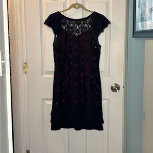 Black sheer lace cocktail dress with beige nude slip and red slip included.